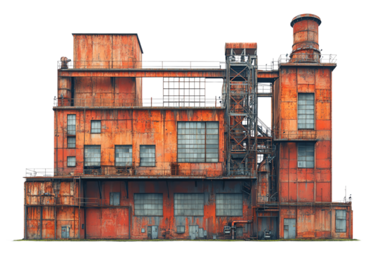 A vintage industrial building with rusty colors and structures on a white isolated background.