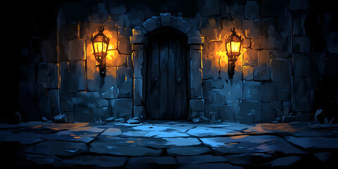 Fototapeta premium Pixel Art Dungeon Entrance With Lanterns