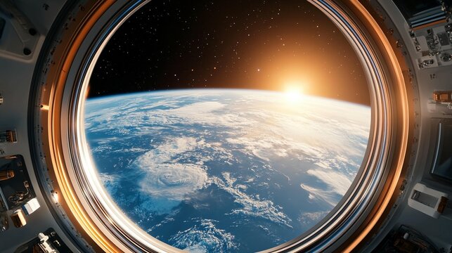 Earthrise seen from spaceship porthole; sunrise over planet.