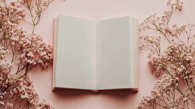 Open blank notebook surrounded by delicate flowers on a soft pink background invites creativity and inspiration