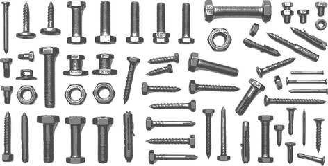 Obraz premium Bolt and screw. Realistic metal fasteners with nuts. 3D hardware assortment. Top and side view of different steel nail types. Tools for building and repairs. Vector self-tapping set