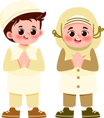 Muslim Kid Greeting and Celebrate Eid Mubarak for Eid Al Adha Islamic Kid Illustration