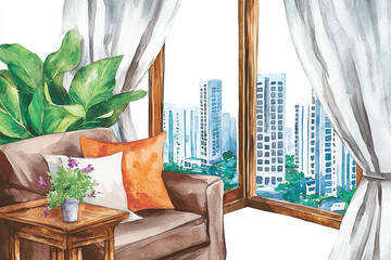 A cozy living space with a view of city skyscrapers, featuring a plant, decorative pillows, and curtains framing the window.
