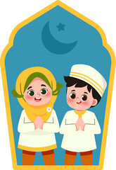 Muslim Kid Greeting and Celebrate Eid Mubarak for Eid Al Adha Islamic Kid Illustration