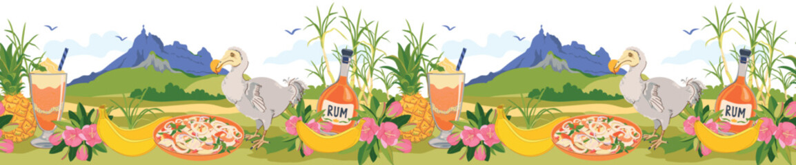 Seamless banner with famous island landmarks in flat style. Vector sugar cane, mount peter, endemic extinct bird dodo, mauritius flowers trochetia boutoniana, pineapple, falooda cocktail. © Tata Pilip