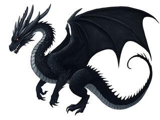 A majestic black dragon with sharp claws, powerful wings, and piercing red eyes.