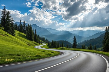 Naklejka premium Serene winding mountain road through lush green hills under dramatic sky.