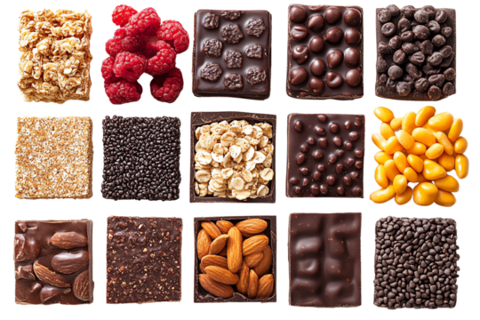 Assorted chocolates and toppings arranged in a visually appealing grid pattern on a white background.