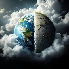 Naklejka premium Earth Hemisphere Split with Desert and Lush Scenery Among Clouds