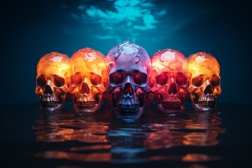 ネオンカラーに光る複数の骸骨,Generative AI AI画像