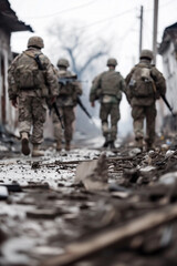  Full-body shot of soldiers in a war-torn eastern european town
