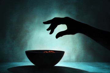 A powerful illustration of a bowl with little food and a shadowy hand reaching out, symbolizing hunger awareness.