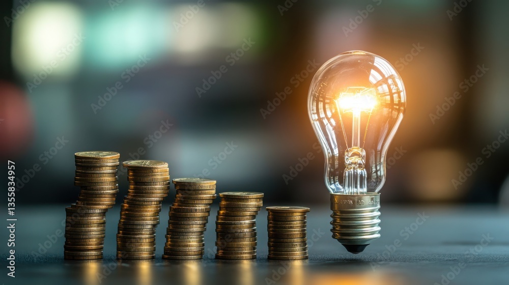 Poster Lightbulb Idea with Growth Curve Chart and Stacked Coins