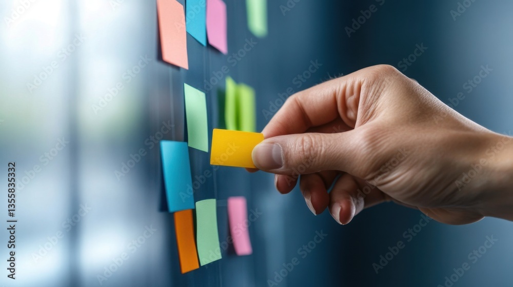 Aufkleber hand organizing colorful sticky notes on wall for agile planning