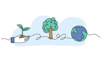 Vector illustration of planting and earth care. Modern flat in continuous line style.