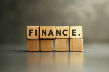 A professional, minimalistic business setting with 3D wooden cubes stacked to form the word "FINANCE."