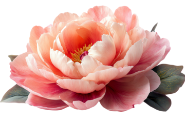 Beautiful pink peony flower with lush petals and green leaves, isolated on white background.