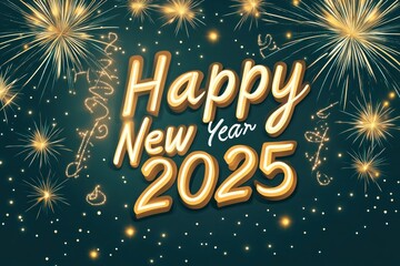 A glowing, neon-style "Happy New Year 2025" typography on a dark green background, surrounded by golden and white fireworks.