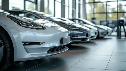 Modern sleek automobiles displayed inside a brightly lit dealership