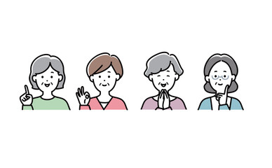 笑顔で喜ぶシニア女性のイラストセット