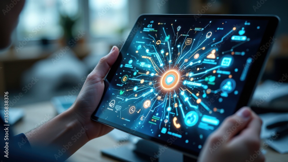 Poster person using tablet with futuristic technology and data connections