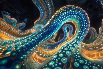Naklejka premium Pulsating electric-blue fractal curves, intertwining like flowing liquid energy, glowing with high-intensity HDR contrast