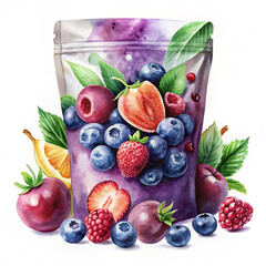 Acai berry protein bites pouch with soft watercolor fruit illustrations