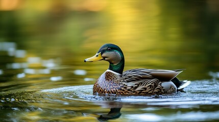Obraz premium A beautiful male duck swimming across a serene lake water surface