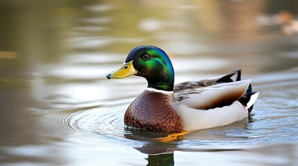 Fototapeta premium A beautiful male duck is floating on tranquil water peacefully