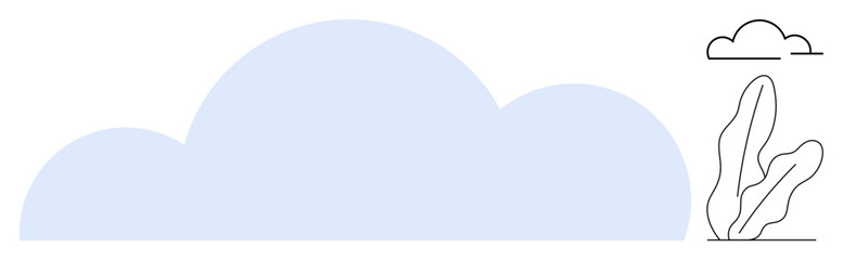Blue cloud shape stands prominently with a minimal black outline of a plant and a smaller cloud alongside. Ideal for nature, weather, environment, simplicity, serenity, eco-design, and minimalism