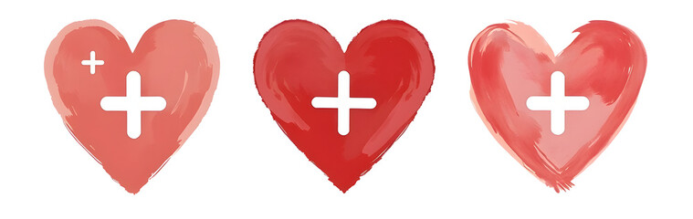 Obraz premium Three stylized hearts with crosses, symbolizing love, health, and positivity. cut out,isolated, transparent background