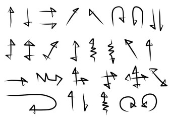 Hand drawn arrows. Doodle curved chalk darts. Design elements of scribble lines.