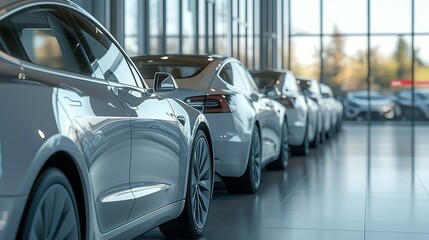 Multiple modern vehicles lined up inside of a showroom