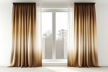 Interior view of a room with a bright window and elegant brown curtains. Use Interior design