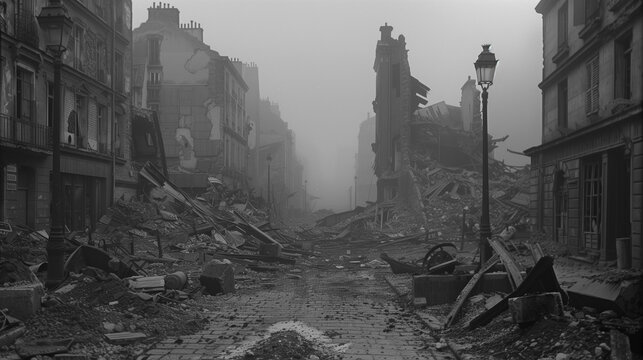 Fototapeta  Historic black and white photo of war-damaged streets surrounded by ruins