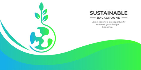 Green energy planet illustration shows windmills, solar panels, and building symbols representing sustainable development in ecology concept. Sustainable background, save environment.