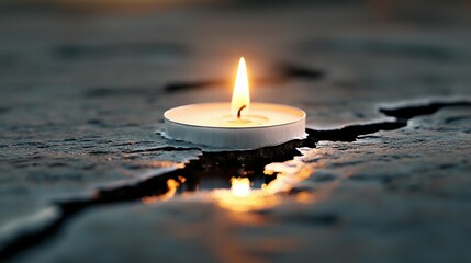 Lit candle in a crack on a dark surface.