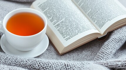 Lifestyle wellness with mental health and self-care concept. Cozy tea and book arrangement on a soft blanket.