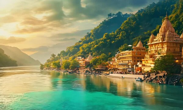A serene image of the holy city of Rishikesh known for its spiritual retreats