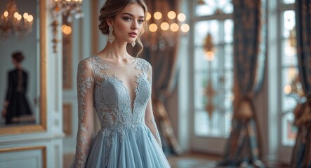 Naklejka premium Graceful young woman in designer lace gown with elegant makeup evening glamour photography model