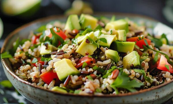 A nutritious mixed grain salad with quinoa, wild rice, and farro, topped with diced avocado and a tangy lemon tahini dressing
