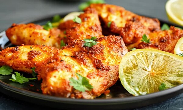 A platter of spicy and crispy masala fish fry served with lemon wedges