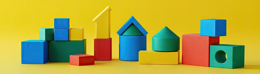 Obraz premium Colorful blocks form shapes on yellow. Educational toy background