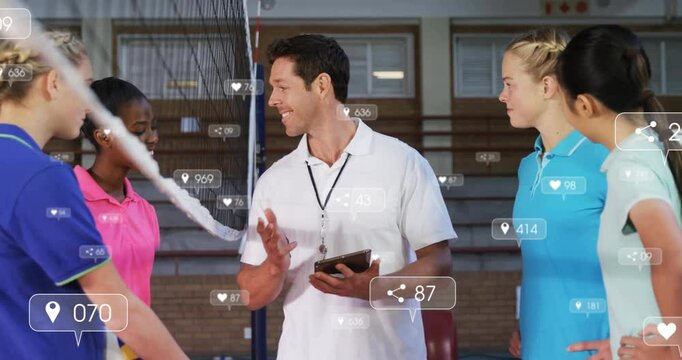 Discussing strategy, volleyball coach with diverse players, animation of social media icons