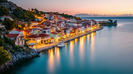 Obraz premium Scenic European Waterfront at Dusk Colorful Buildings Harbor Calm Sea