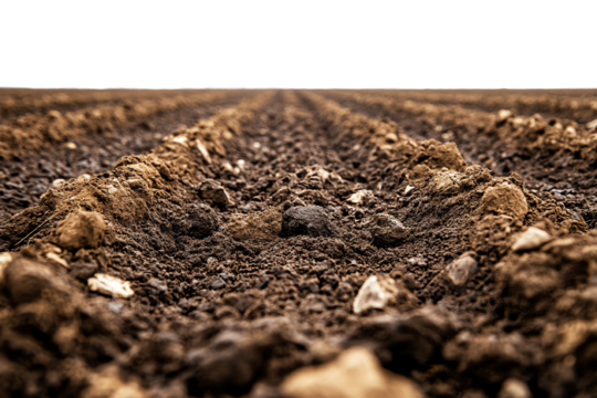 Close-up of plowed soil, showcasing rows of earthy texture and rocks under soft natural light.