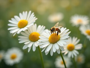 Obraz premium White daisies with a bee collecting nectar in a crisp shot