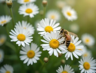 Obraz premium White daisies with a bee collecting nectar in a crisp shot