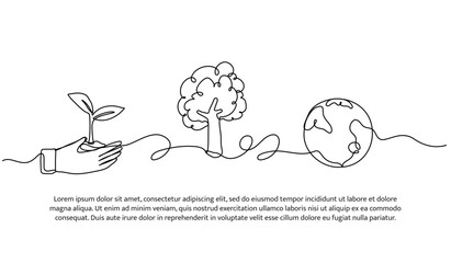 Continuous one line design of planting and earth care. Minimalist style vector illustration on white background.