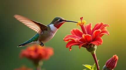 Naklejka premium A hummingbird pollinating a red flower, with its beak inside the flower, vibrant colors and sharp details, captured in a sunny natural setting